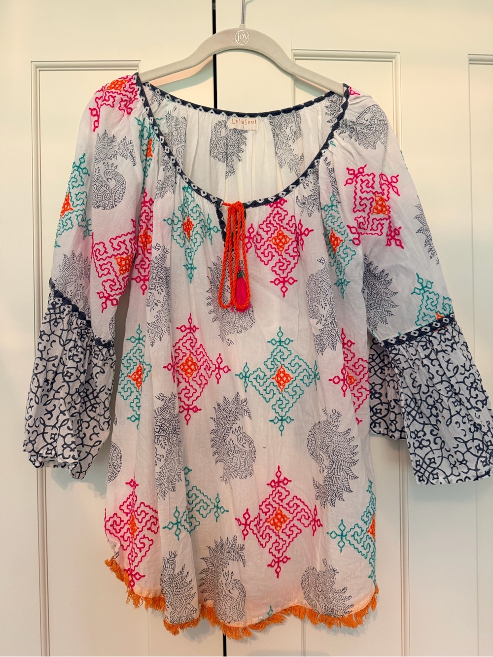 LuluSoul White Embroidered Boho Tunic Top with Neon Accents